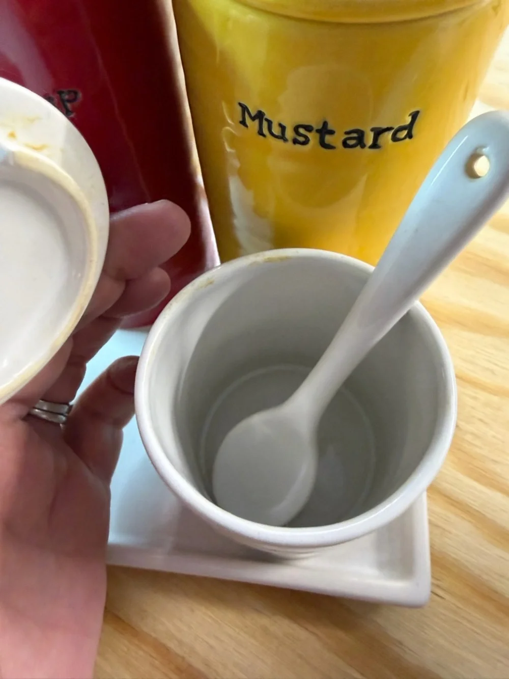 Pottery Barn Ceramic Condiment Set‎ in Red, Yellow, Green, and White